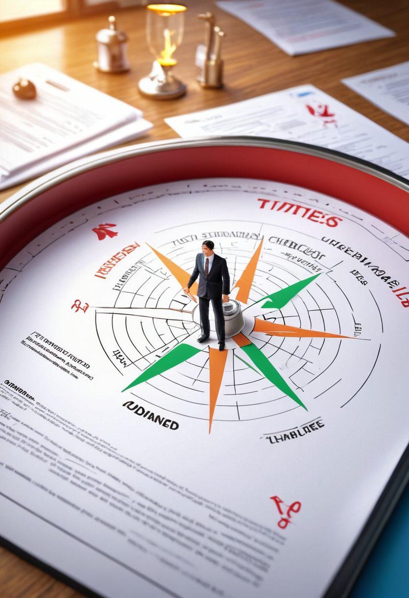 A professional individual navigating through a maze of insurance coverage documents, highlighting essential tips for their professional CV journey. Incorporate elements like a glowing compass indicating direction, a checklist of tips floating above, and a pathway lined with symbols of various insurance types. The background should depict a bright, inspiring office environment. super-realistic. vibrant colors. clean layout.