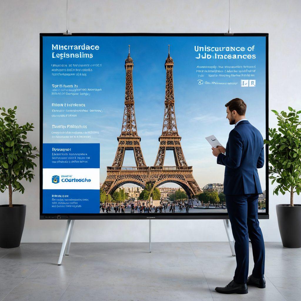 A professional navigating a digital job board filled with various insurance job listings, with a backdrop of iconic European landmarks symbolizing the EU. The scene features networking events with diverse professionals exchanging ideas and business cards, emphasizing collaboration and opportunity. Soft blue tones to evoke a sense of trust and security, with highlights of brighter colors to represent ambition and success. super-realistic. vibrant colors. 3D.