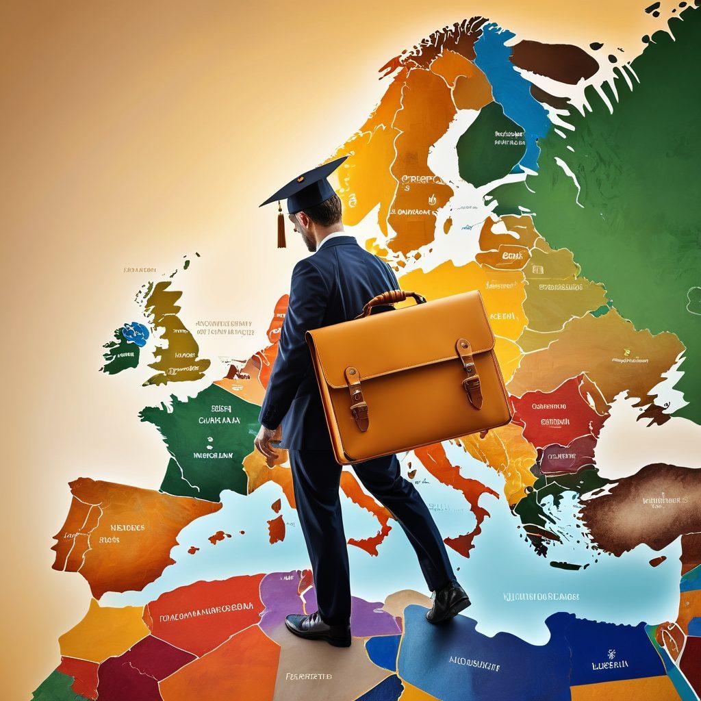 A professional navigating a vibrant, interconnected map of the EU, surrounded by symbols of insurance careers like a briefcase, a graduation cap, and a CV, highlighting pathways to success. The backdrop features iconic landmarks from various EU countries to represent diversity in the market, while soft golden light bathes the scene to evoke optimism and opportunity.  super-realistic. vibrant colors.